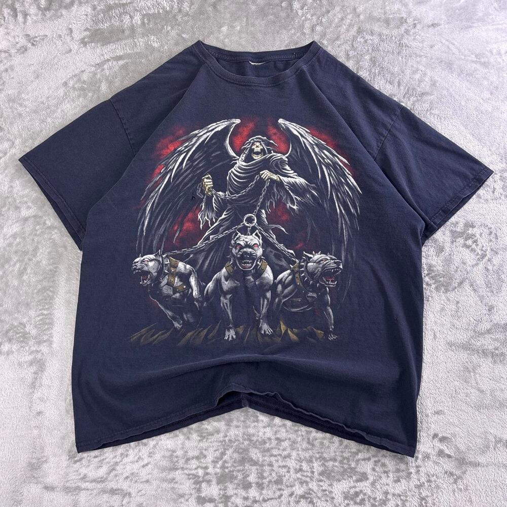 Vintage Y2K Reaper Pitbull Graphic T-Shirt Men’s L-XL Black Distressed Grunge